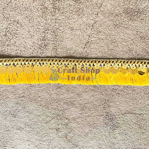 Mango Yellow Silk Thread Tassel Fringe Sequenced Lace & Border - ( 9mtr )