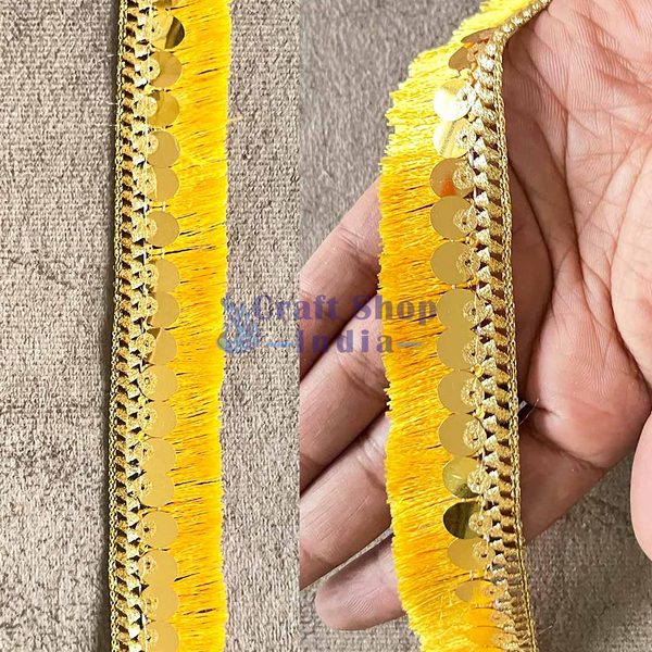 Mango Yellow Silk Thread Tassel Fringe Sequenced Lace & Border - ( 9mtr )