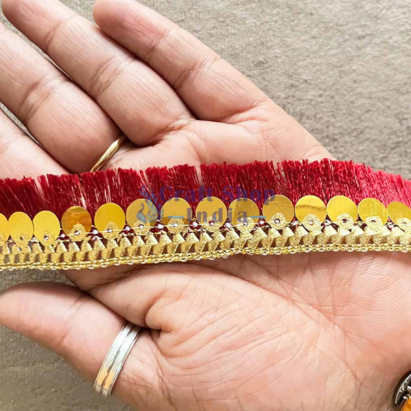 Maroon Silk Thread Tassel Fringe Sequenced Lace & Border - ( 9mtr )