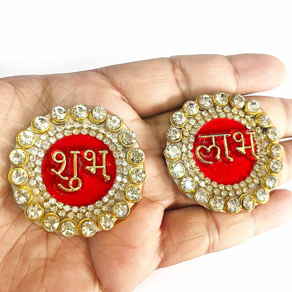Red Color Shubh Labh Round Rhinestones Booti Pack Of 5 Pair For bandhanbar Decorations & DIY Craft