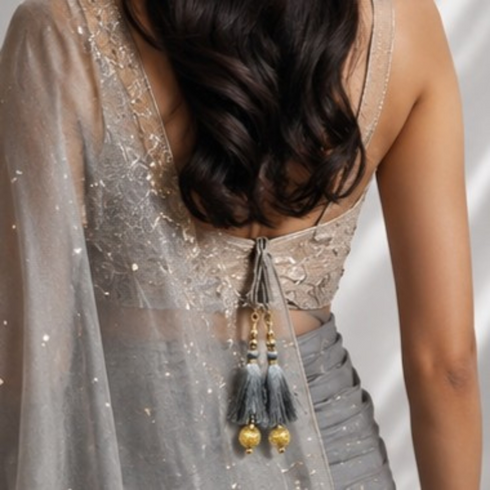 Grey Silk Hanging Tassels with Golden Cutdana Beads for Saree Pallu, Blouse, Lehenga, Dupatta, DIY Art & Craft Decoration | Pack of 10 | Craft Shop India