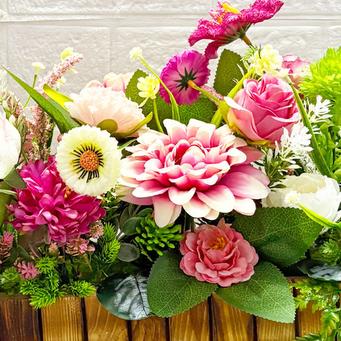 Pink Flower Decorative Multi Floral Wooden Pot Centerpiece 14 x 6 x 10 Inch | Craft Shop India