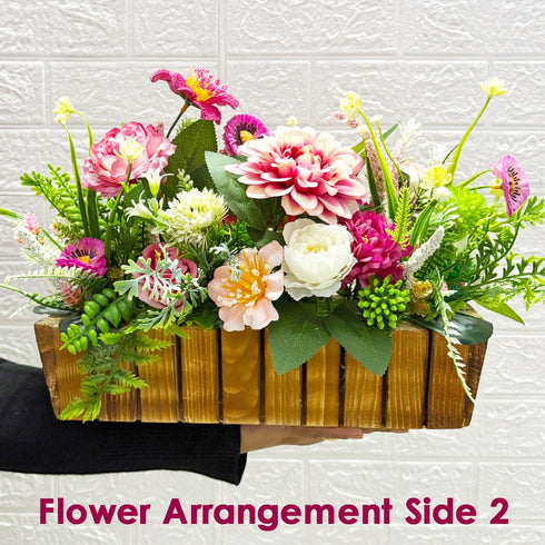 Pink Flower Decorative Multi Floral Wooden Pot Centerpiece 14 x 6 x 10 Inch | Craft Shop India
