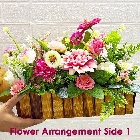 Pink Flower Decorative Multi Floral Wooden Pot Centerpiece 14 x 6 x 10 Inch | Craft Shop India