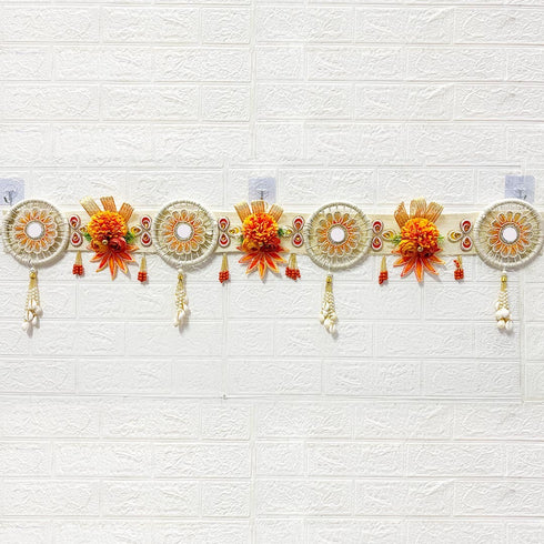 Orange Flower with White Jute Chakra Bandhanwar Toran for Door Entrance | 40 Inch | Craft Shop India