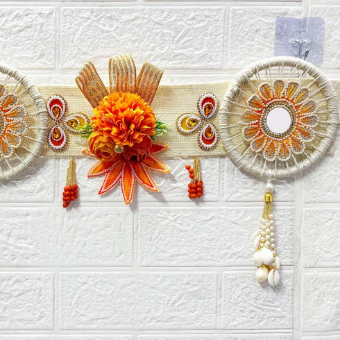 Orange Flower with White Jute Chakra Bandhanwar Toran for Door Entrance | 40 Inch | Craft Shop India