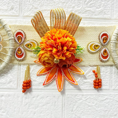 Orange Flower with White Jute Chakra Bandhanwar Toran for Door Entrance | 40 Inch | Craft Shop India