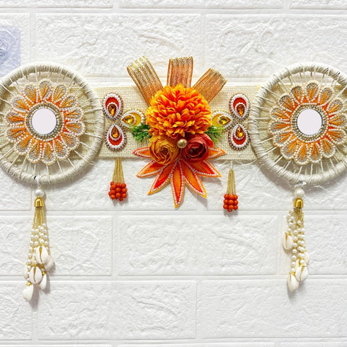 Orange Flower with White Jute Chakra Bandhanwar Toran for Door Entrance | 40 Inch | Craft Shop India