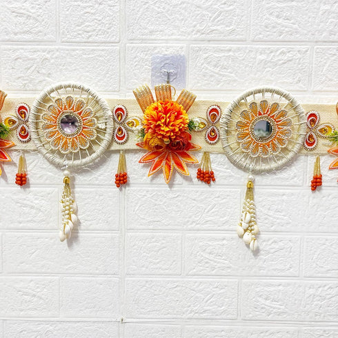 Orange Flower with White Jute Chakra Bandhanwar Toran for Door Entrance | 40 Inch | Craft Shop India