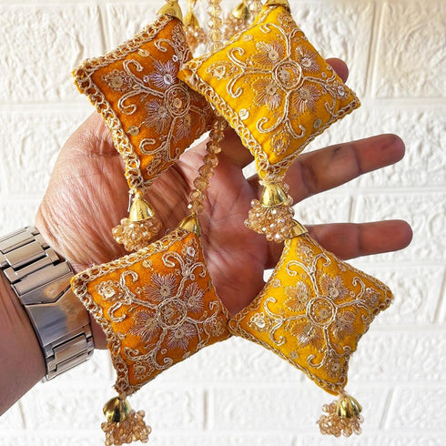 Mustard Yellow Latkan Tassel with Glass Beads Set of 2 | 20 Inch | Saree, Blouse & Lehenga | Craft Shop India