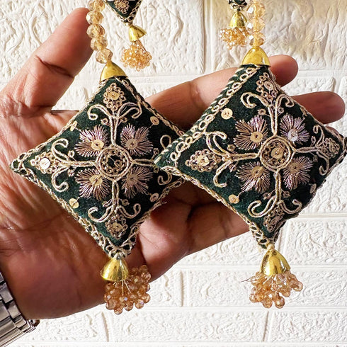 Dark Green Latkan Tassel with Glass Beads Set of 2 | 20 Inch | Saree, Blouse & Lehenga | Craft Shop India