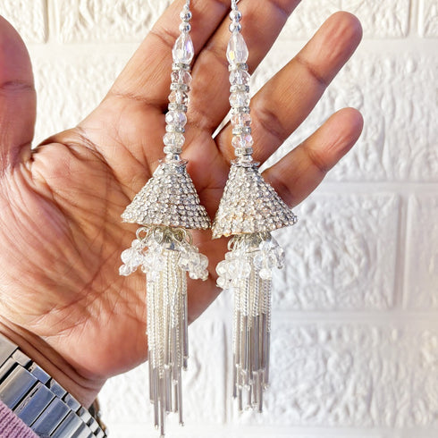 Silver Crystal Beaded Handmade Ethnic Latkan Tassel Set of 2 for Saree, Blouse & Lehenga | Craft Shop India
