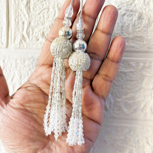 Silver Handmade Ethnic Cutdana Latkan Tassel Set of 2 for Saree, Blouse & Lehenga | Craft Shop India