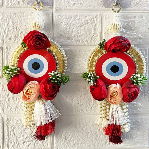 Red Handmade Floral Evil Eye Door Hanging Pair with Pearl Beads & Tassels | Home & Mandir Decor | Craft Shop India