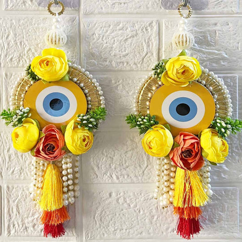 Yellow Handmade Floral Evil Eye Door Hanging Pair with Pearl Beads & Tassels | Home & Mandir Decor | Craft Shop India