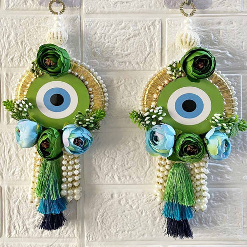 Green Handmade Floral Evil Eye Door Hanging Pair with Pearl Beads & Tassels | Home Decor | Craft Shop India