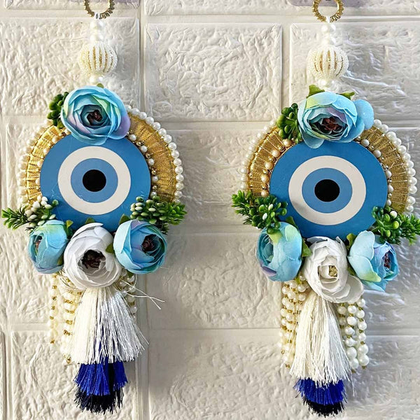 Sky Blue Floral Evil Eye Door Hanging Pair with Pearl Beads & Tassels | Pack of 2 | Craft Shop India
