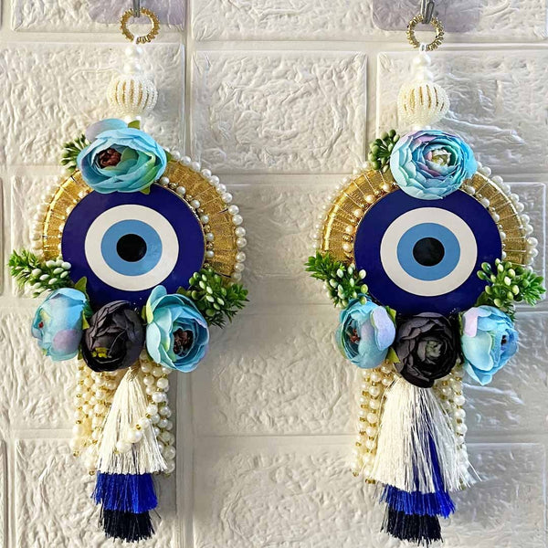 Blue Handmade Floral Evil Eye Door Hanging Pair with Pearl Beads & Tassels | Home & Mandir Decor | Craft Shop India