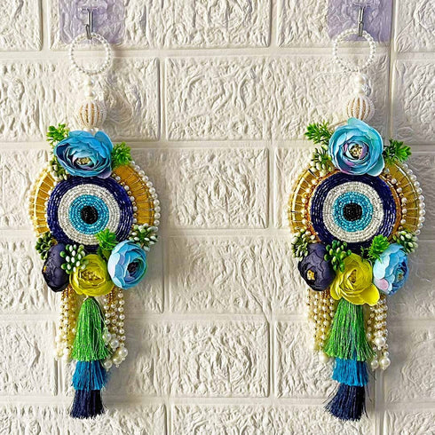 Blue Handmade Floral Evil Eye Hanging Pair with Pearl Beads & Tassels for Door, Wall & Mandir Decoration | Pack of 2 | Craft Shop India
