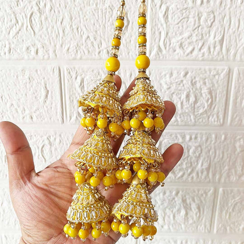 Yellow 3 Cone Ethnic Nalki Cone Latkan Tassel Pack of 2 for Saree, Blouse & Lehenga | Craft Shop India