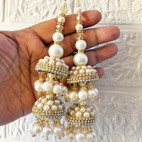 Ivory Pearl Double Jhumki Latkan Tassel Set of 2 for Saree, Blouse & Lehenga | Craft Shop India
