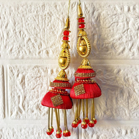 Red & Golden Handmade Double Layer Silk Jhumki Latkan Tassel Set of 2 for Saree, Blouse & Lehenga | Craft Shop India