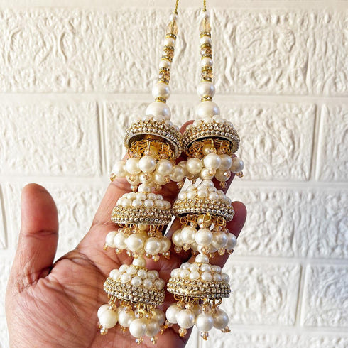 Ivory Pearl Triple Jhumki Handmade Latkan Tassel Set of 2 for Saree, Blouse & Lehenga | Craft Shop India