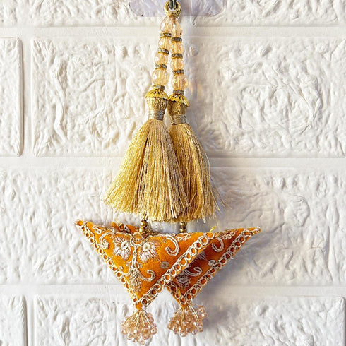 Mustard Yellow Embroidered Triangle Potli Latkan Tassel Set of 2 for Saree, Blouse & Lehenga | Craft Shop India