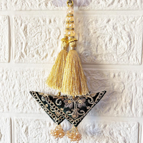 Dark Bottle Green Embroidered Triangle Potli Latkan Tassel Set of 2 for Saree, Blouse & Lehenga | Craft Shop India