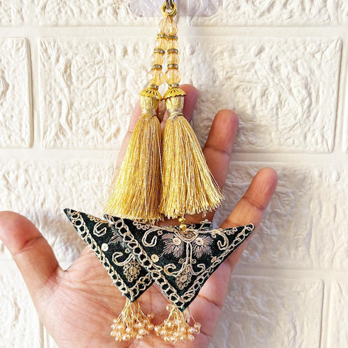 Dark Bottle Green Embroidered Triangle Potli Latkan Tassel Set of 2 for Saree, Blouse & Lehenga | Craft Shop India