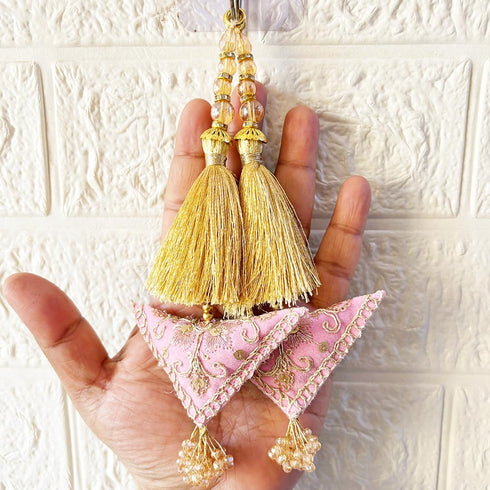 Baby Pink Embroidered Triangle Potli Latkan Tassel Set of 2 for Saree, Blouse & Lehenga | Craft Shop India