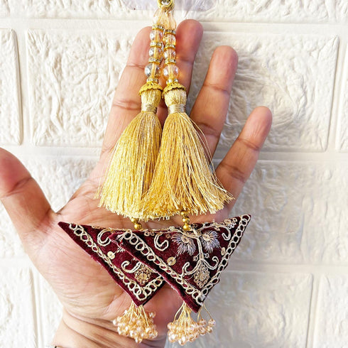 Maroon Embroidered Triangle Potli Latkan Tassel Set of 2 for Saree, Blouse & Lehenga | Craft Shop India