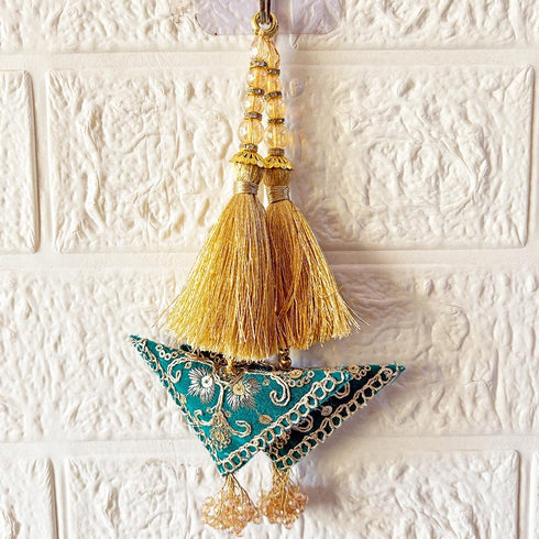 Turquoise Blue Embroidered Triangle Potli Latkan Tassel Set of 2 for Saree, Blouse & Lehenga | Craft Shop India