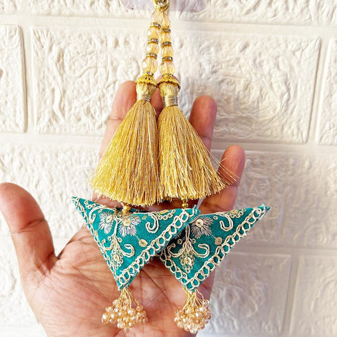 Turquoise Blue Embroidered Triangle Potli Latkan Tassel Set of 2 for Saree, Blouse & Lehenga | Craft Shop India
