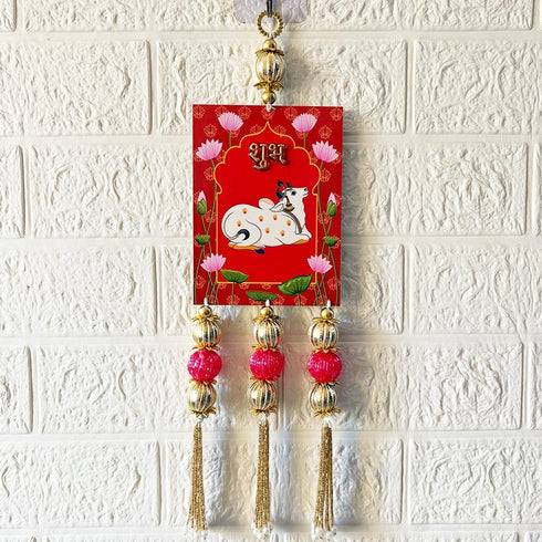 Red Pichwai Cow Shubh Labh Tassels Hanging Pair for Home Decoration | Craft Shop India