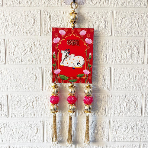 Red Pichwai Cow Shubh Labh Tassels Hanging Pair for Home Decoration | Craft Shop India