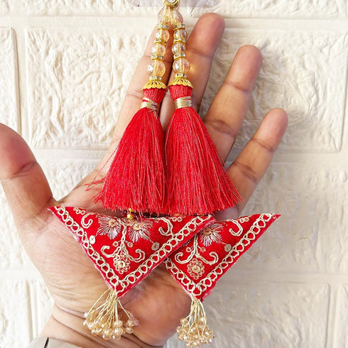 Red Embroidered Triangle Potli Latkan Tassel Set of 2 for Saree, Blouse & Lehenga | Craft Shop India