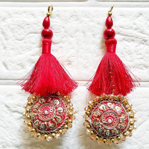 Red Mirror Work Round Latkan Tassel Set of 2 for Saree Pallu, Blouse, Dupatta & Lehenga | Craft Shop India