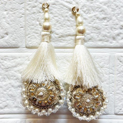 Cream Mirror Work Round Latkan Tassel Set of 2 for Saree Pallu, Blouse, Dupatta & Lehenga | Craft Shop India