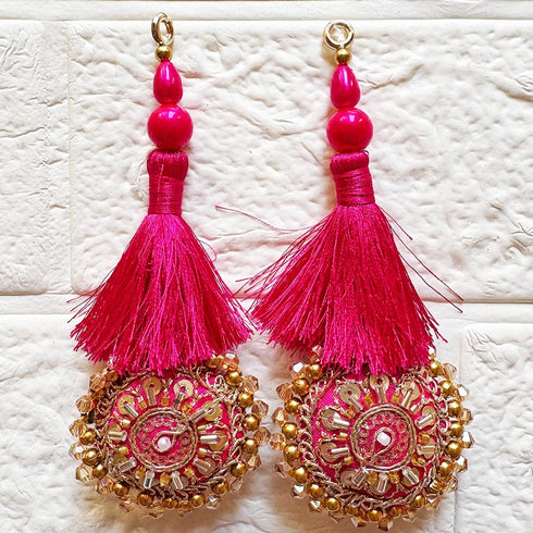Rani Pink Mirror Work Round Latkan Tassel Set of 2 for Saree Pallu, Blouse, Dupatta & Lehenga Decoration | Craft Shop India