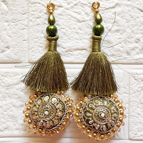Mehendi Green Mirror Work Round Latkan Tassel Set of 2 for Saree Pallu, Blouse, Dupatta & Lehenga | Craft Shop India