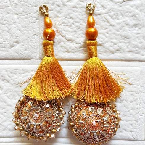 Mustard Yellow Mirror Work Round Latkan Tassel Set of 2 for Saree Pallu, Blouse, Dupatta & Lehenga | Craft Shop India