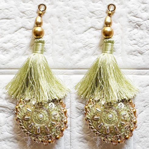 Pista Green Mirror Work Round Latkan Tassel Set of 2 for Saree Pallu, Blouse, Dupatta & Lehenga | Craft Shop India
