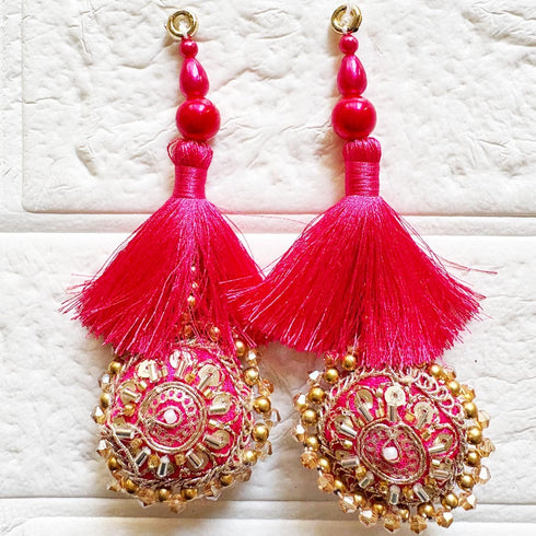 Rani Pink Mirror Work Round Latkan Tassel Set of 2 for Saree Pallu, Blouse, Dupatta, Lehenga & DIY Craft Decoration | Craft Shop India