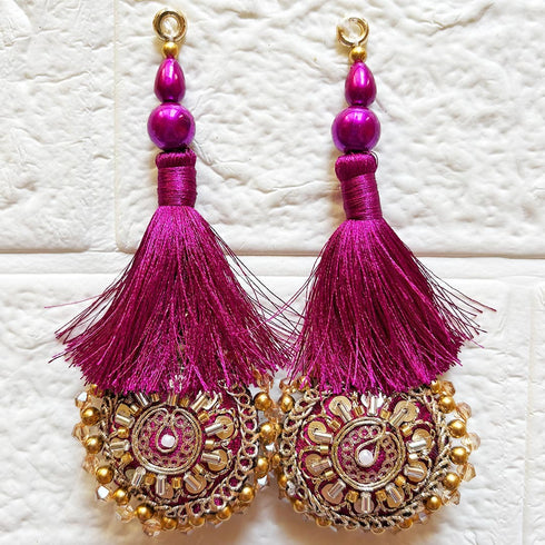 Light Wine Mirror Work Round Latkan Tassel Set of 2 for Saree Pallu, Blouse, Dupatta & Lehenga | Craft Shop India