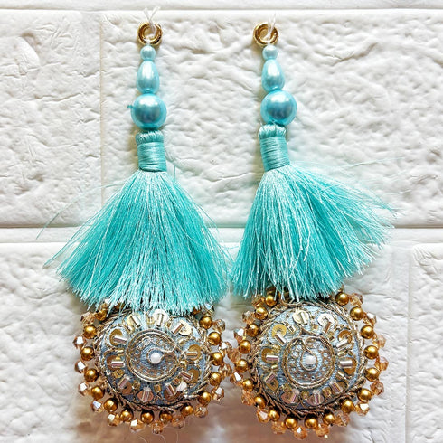 Sky Blue Mirror Work Round Latkan Tassel Set of 2 for Saree Pallu, Blouse, Dupatta, Lehenga & DIY Craft Decoration | Craft Shop India