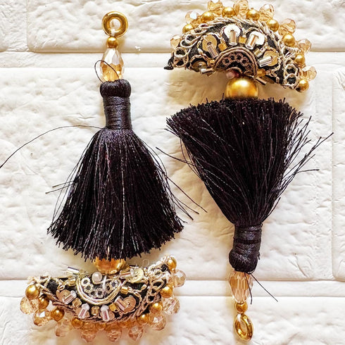 Black Mirror Work Curved Latkan Tassel Set of 2 for Saree Pallu, Blouse, Dupatta, Lehenga & DIY Craft Decoration | Craft Shop India