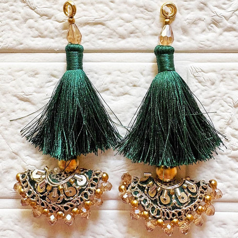 Dark Green Mirror Work Curved Latkan Tassel Set of 2 for Saree Pallu, Blouse, Dupatta, Lehenga & DIY Craft Decoration | Craft Shop India