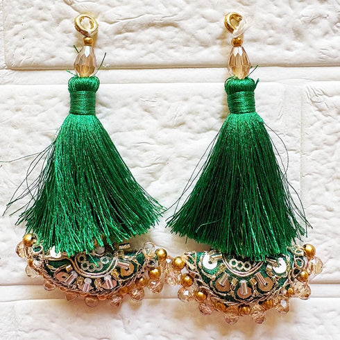 Green Mirror Work Curved Latkan Tassel Set of 2 for Saree Pallu, Blouse, Dupatta, Lehenga & DIY Craft Decoration | Craft Shop India