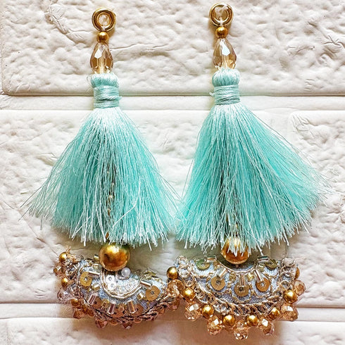Sky Blue Mirror Work Curved Latkan Tassel Set of 2 for Saree Pallu, Blouse, Dupatta, Lehenga & DIY Craft Decoration | Craft Shop India